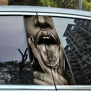 Car Split Pillar Decal - Dark Hip Hop Style Tongue Tattoo Character Graphic Personalized Window Decor Sticker