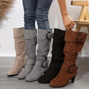 Women's Slouch Knee Boots, Strap Side Zipper Heeled Boots, Comfortable Suedette Long Boots
