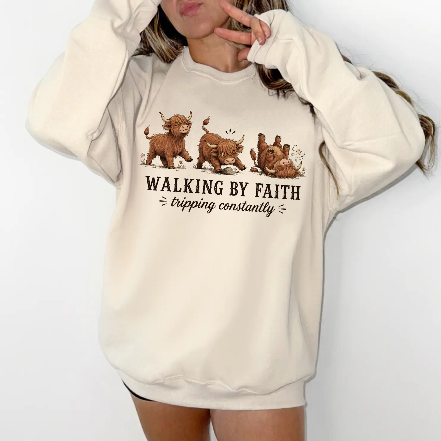 Highland Cow Walking by Faith Tripping Constantly T-Shirt or Sweatshirt, DTG Printed