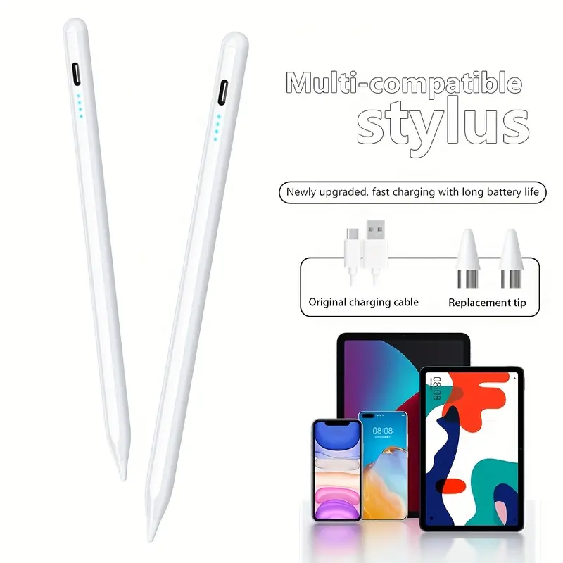 Universal capacitive stylus pen, suitable for smartphones and iPad touchscreens. Rechargeable handwriting pen, compatible with iPad Pro/Air/Mini/tablet drawing phones. Works with most phone models, fast charging, ready to use with double-tap to power on.