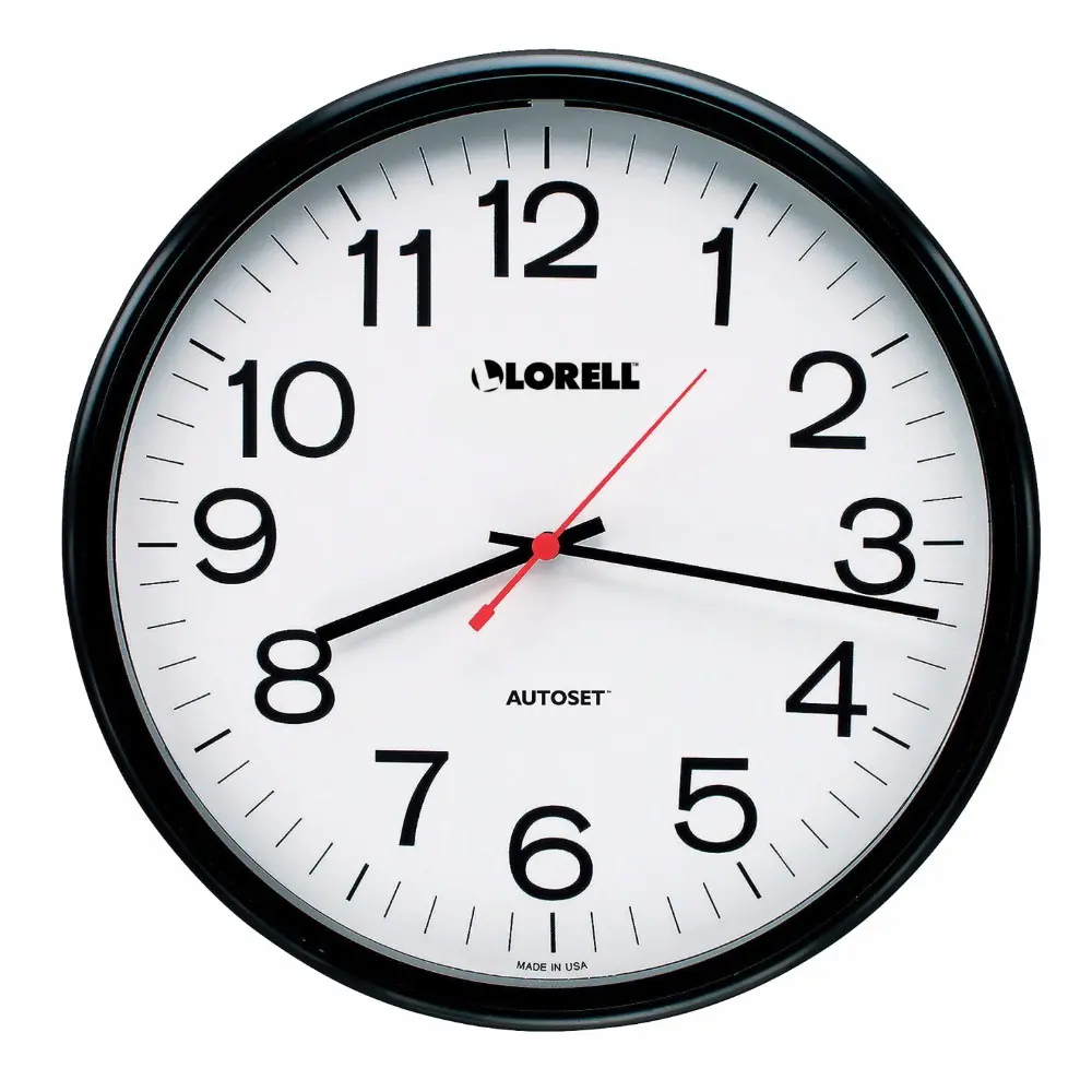 Lorell Analog Atomic Round Wall Clock - 13-1/4 in. White Dial, Black Plastic Frame, Arabic Numerals, AA Battery-Powered, Hand-Operated, Timekeeping, Atomic Clock Setting, Daylight Saving Time Adjustment, Home Decor