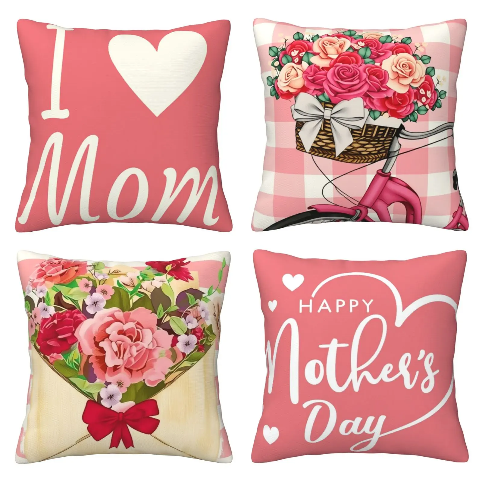 Happy Mother's Day Pillow Set with Carnation Flower Pattern Pillow Set, "I Love Mom" Pillow Set, Outdoor Sofa Decoration Cushion Set, Birthday Gift for Mom and Grandma, 4-piece Set with Double sided Printing