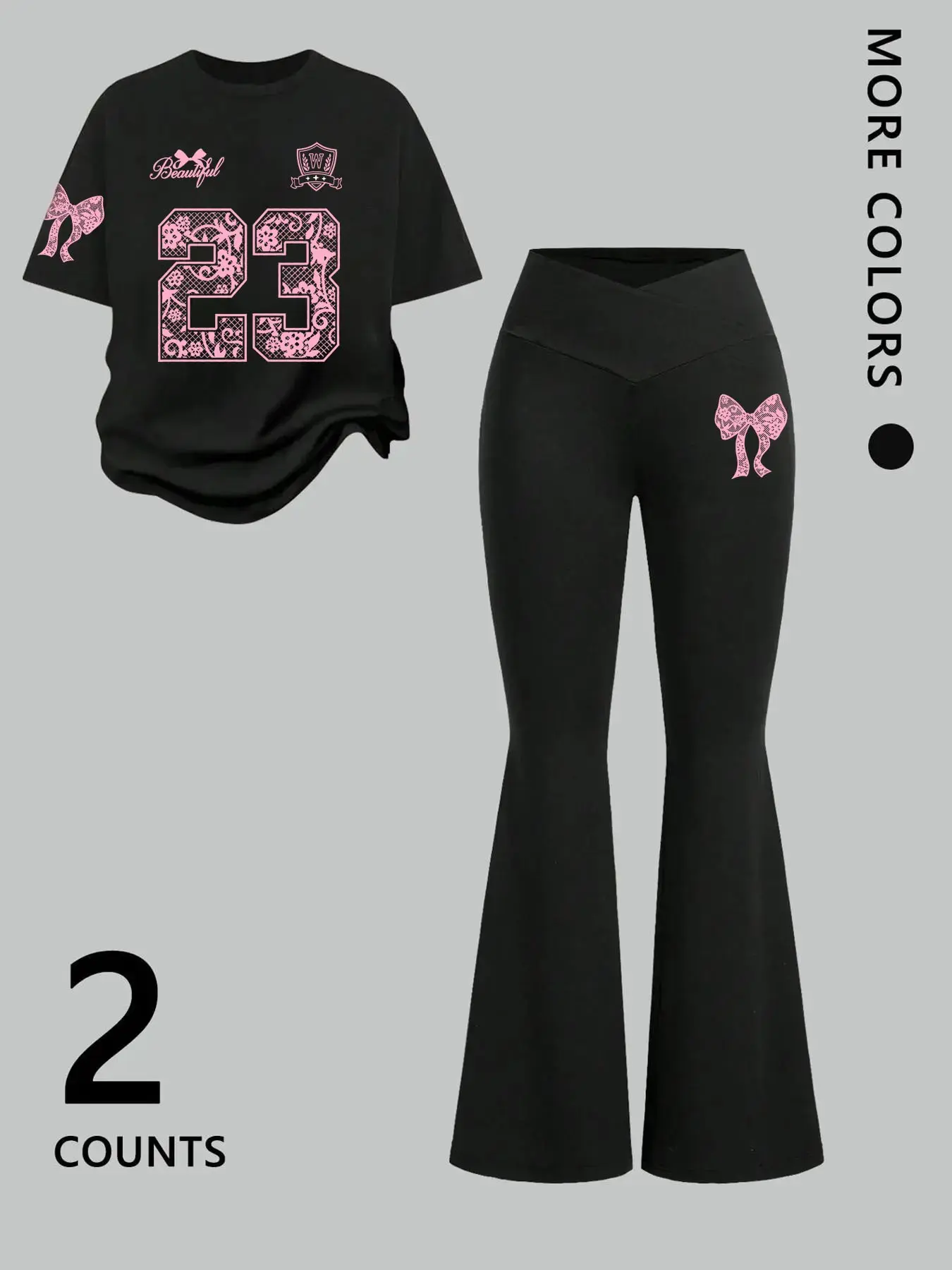 Women's Cute Bow & Number 23 Graphic Print Casual Set, Bow Embellished Versatile Fitted T-shirt & Slim-fit Flare Pants, Casual 2-piece Outfit Clothes for Daily & Streetwear Looks Feminine Womenswear