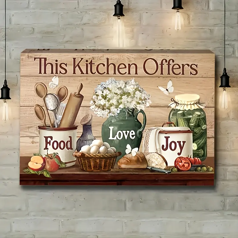 Country Farmhouse Kitchen Wall Art - Wooden Frame Canvas Print with "This Kitchen Provides Food, Love and Joy" Slogan, Country Cooking Utensils and Floral Still Life, Horizontal Indoor and Outdoor Decoration Suitable for Living Room, Dining Room, Bedroom