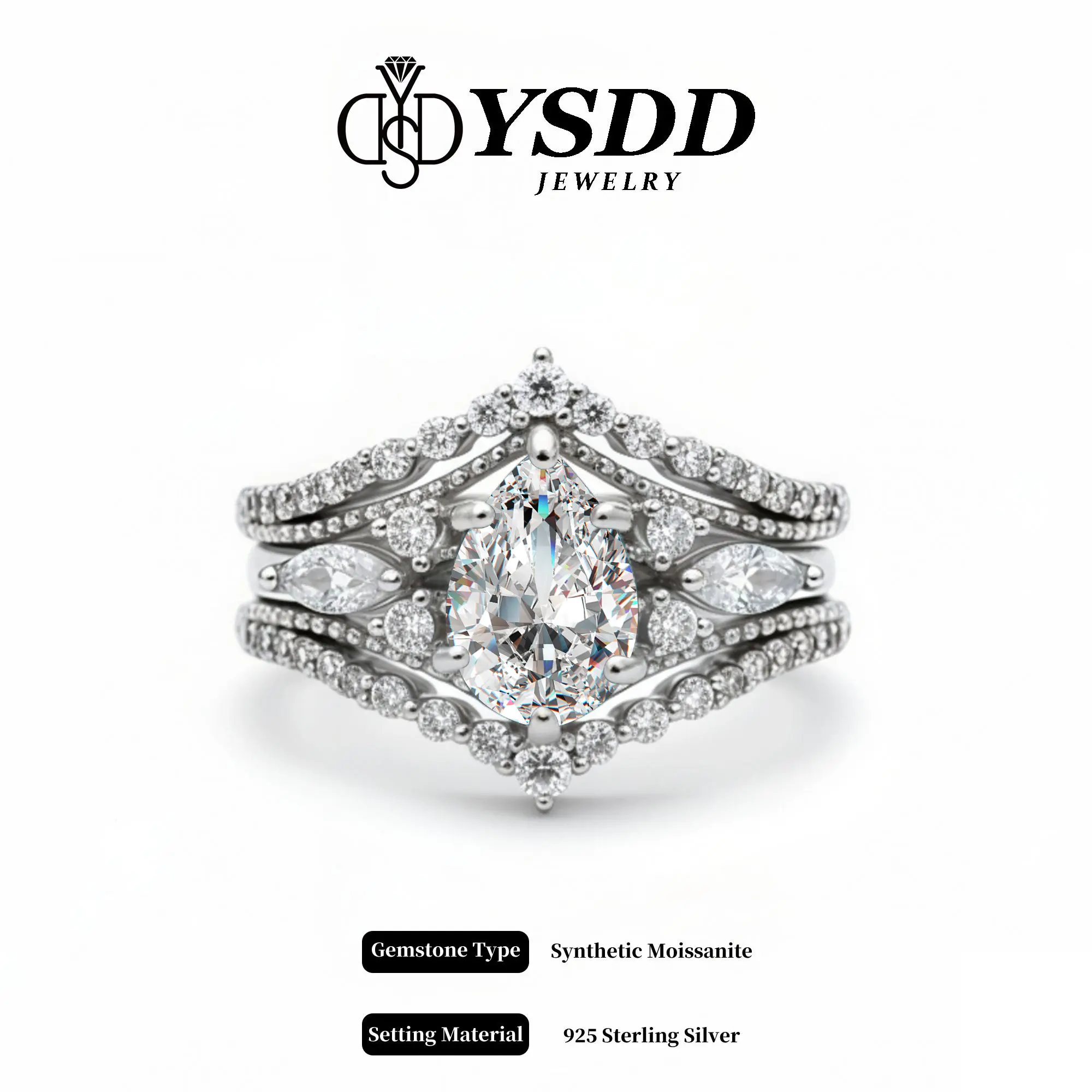 【4.20】Deluxe 2CT Pear Cut Bridal Ring Set vvs Synthetic Moissanite Rings in 925 Sterling Silver