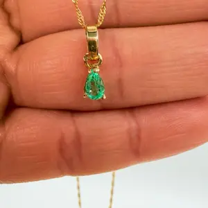 Colombian Emerald Pendant Necklace in 18K Gold Plated Silver | Pear Cut Emerald Pendant with Singapore Chain | Dainty Green Gemstone Necklace