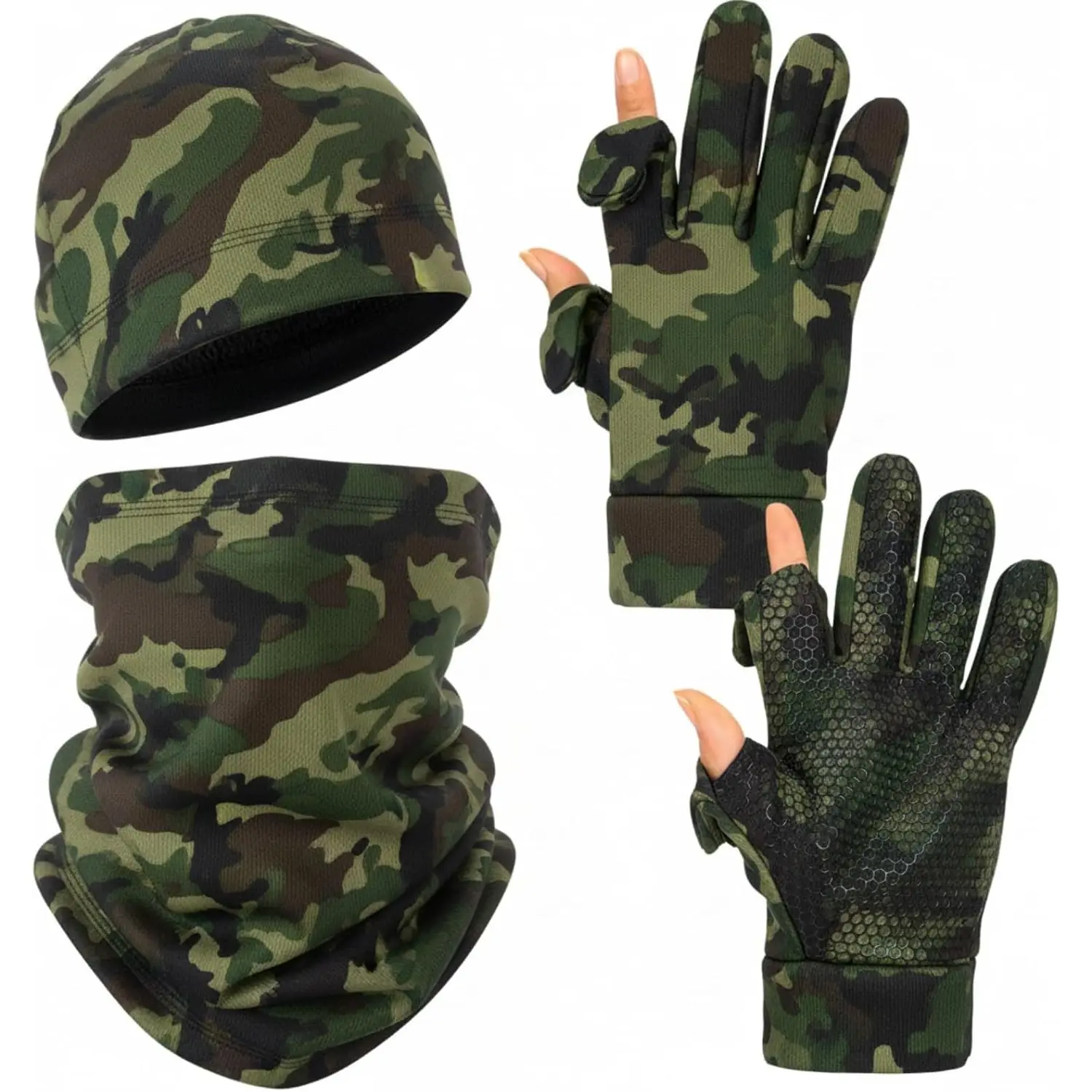 Unisex Adult Cotton/Poly Forest Camo Winter Beanie-Neck Gaiter Set, Fleece-Lined, Thick Warm, Stretchable Fit, Hunting Outdoors Cold Weather Sports & Outdoor Gear