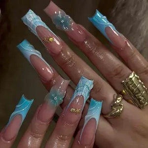 Handmade Ocean Blue Press On Nails | 3D Floral Shell Art with Wave Tips | Long Square Summer Nails for Beach Look