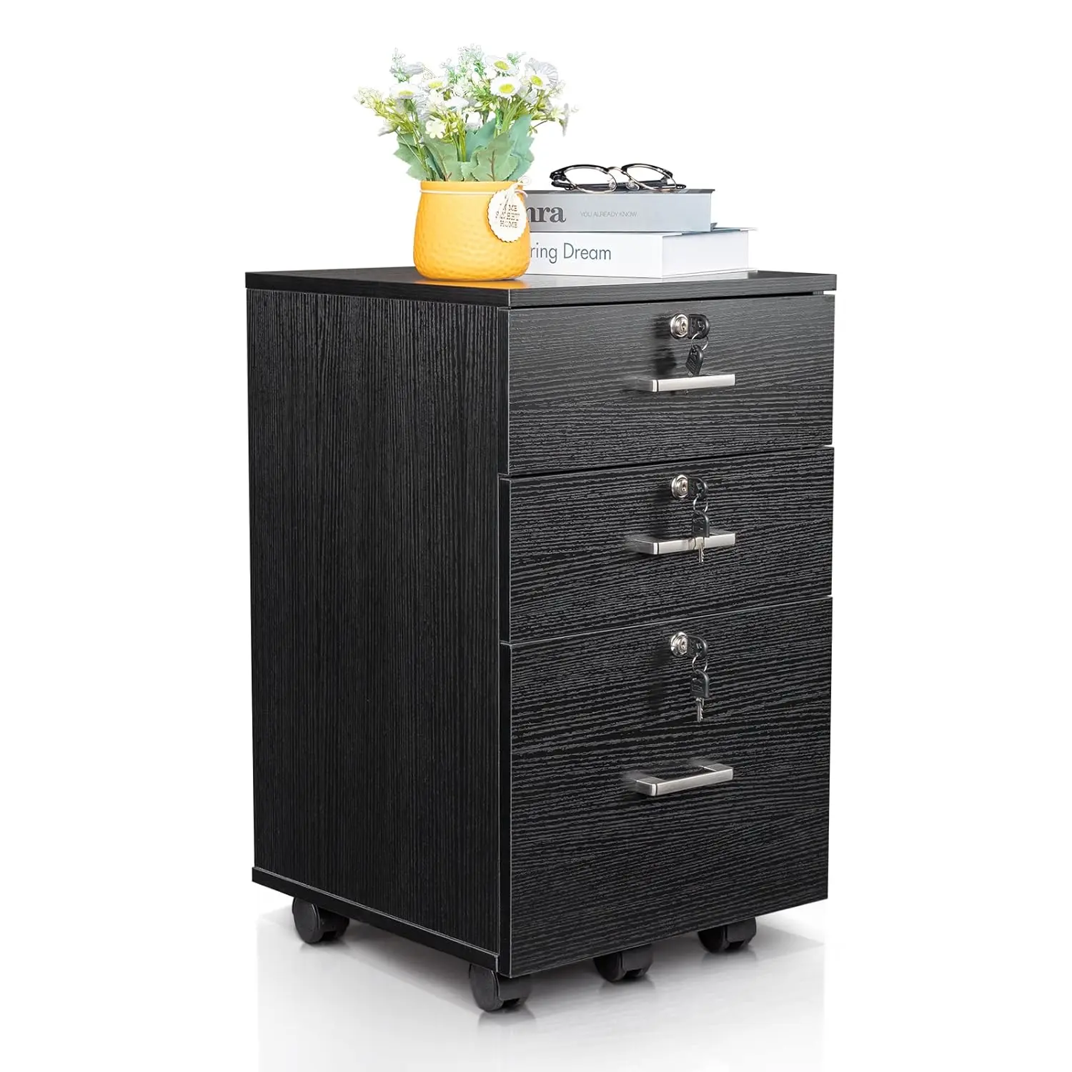 Karl home Wooden File Cabinet, 3 Drawer Vertical File Cabinets with 3 Lock,Printer Stand Mobile Storage Cabinet,Filing Storage Drawer for Home,Office,Black(15.75" L x 15.75" W x 26.1" H)
