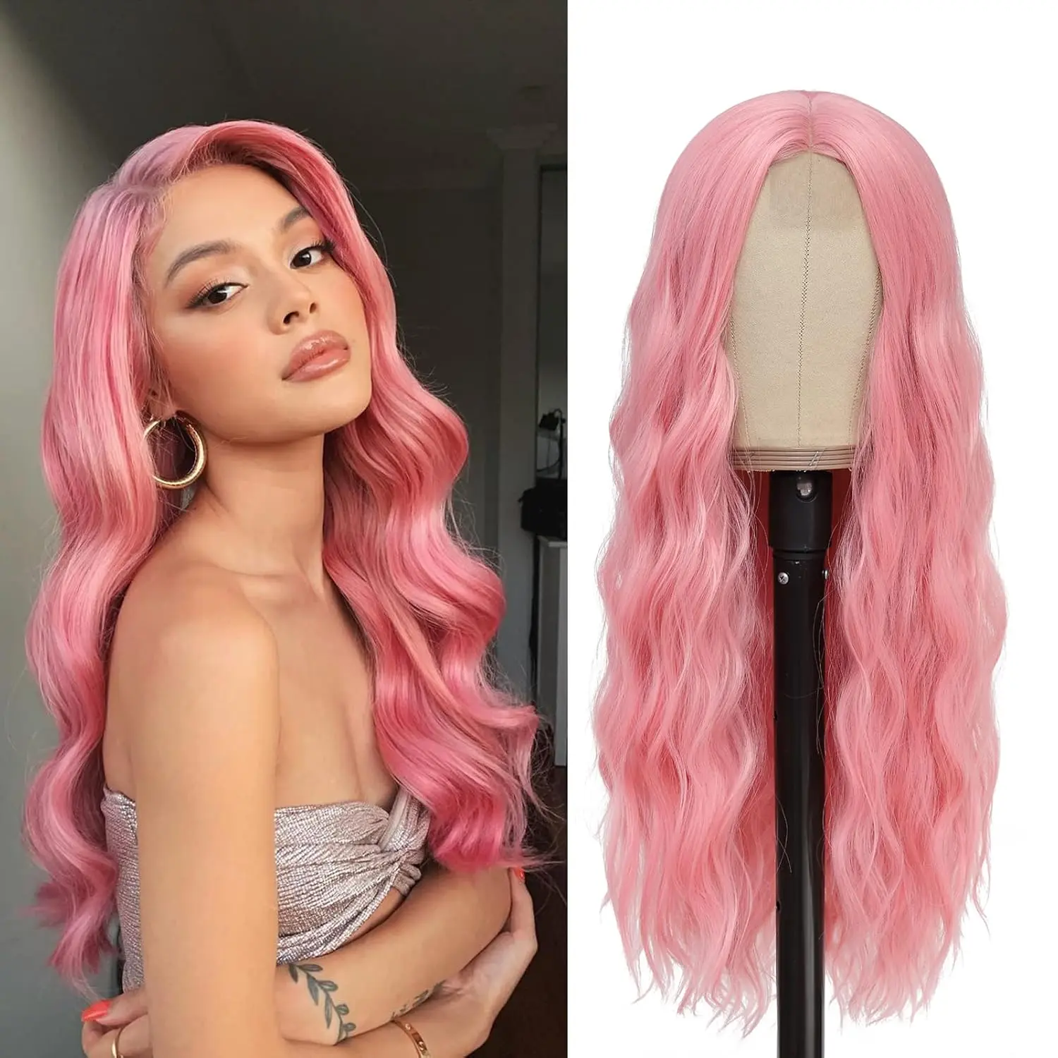 Pink Wig - Long Wavy Wigs for Women Middle Part 26inch Natural Curly Synthetic Wig Heat Resistant Fiber Wigs for Daily Party Use
