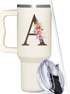 Personalized 40oz Tumbler with Handle - Floral Initial Design - The Perfect Gift for Her Birthday Present with Lid & Straw