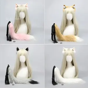 2Pcs/set Handmade Simulation Cat Ears Headband with Furry Tail Fluffy Plush Animal Ear Hairband for Cosplay Convention