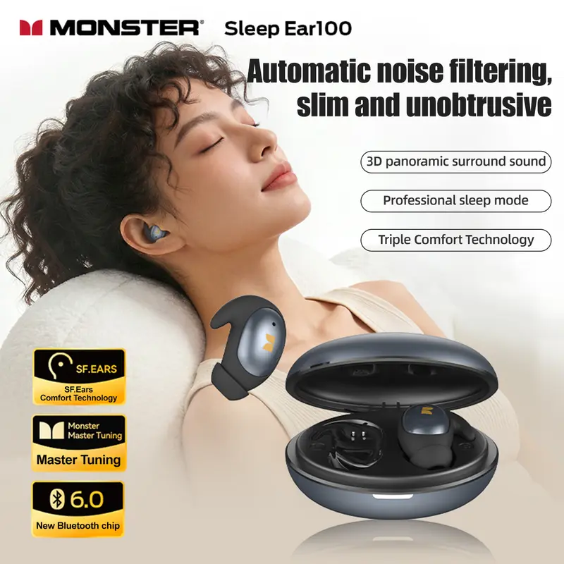 Monster Bluetooth 6.0 Invisible Earbuds - Flat-Head Bluetooth Headphones, Lightweight Soothing Portable Wearable, Sleep Aid for Side Sleepers, 165H Playtime, Noise-Canceling, Fast Charging, Stable Connection, Travel-Friendly - TikTokShopBackToSchool
