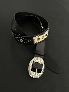 Metal Embossed Rivet Belt with Rhinestones, Colorful Stone Leather Belt, High-Quality Accessory, Matte Finish Star Path Design, Rhinestone Decor Belt, Rhinestone Decorated Belt