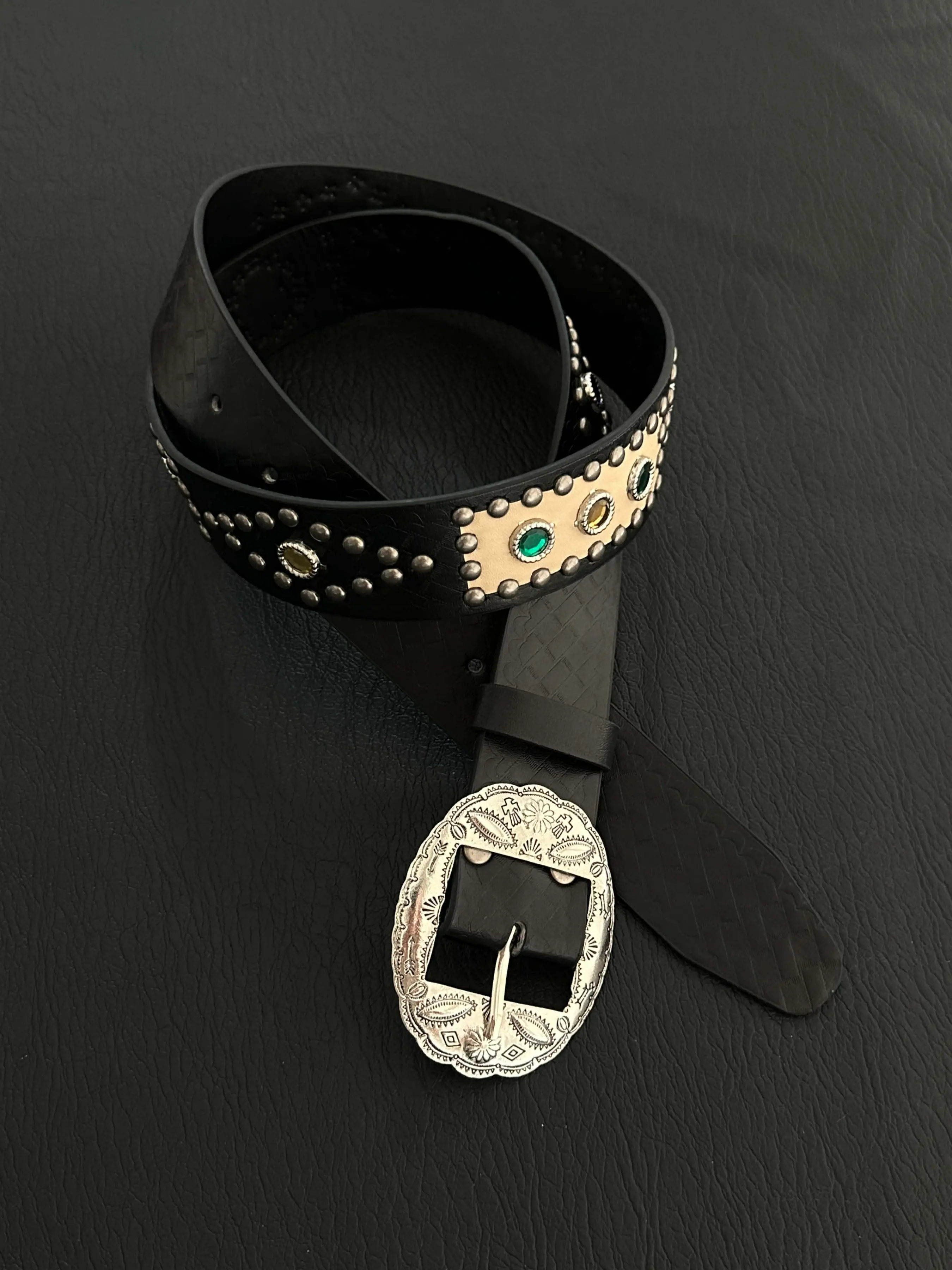Metal Embossed Rivet Belt with Rhinestones, Colorful Stone Leather Belt, High-Quality Accessory, Matte Finish Star Path Design, Rhinestone Decor Belt, Rhinestone Decorated Belt