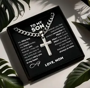 "To My Son" Stainless Steel Cross Pendant Necklace – Inspirational Christian Jewelry with Card & Gift Box – Perfect Birthday, Valentine’s Day & Christmas Gift