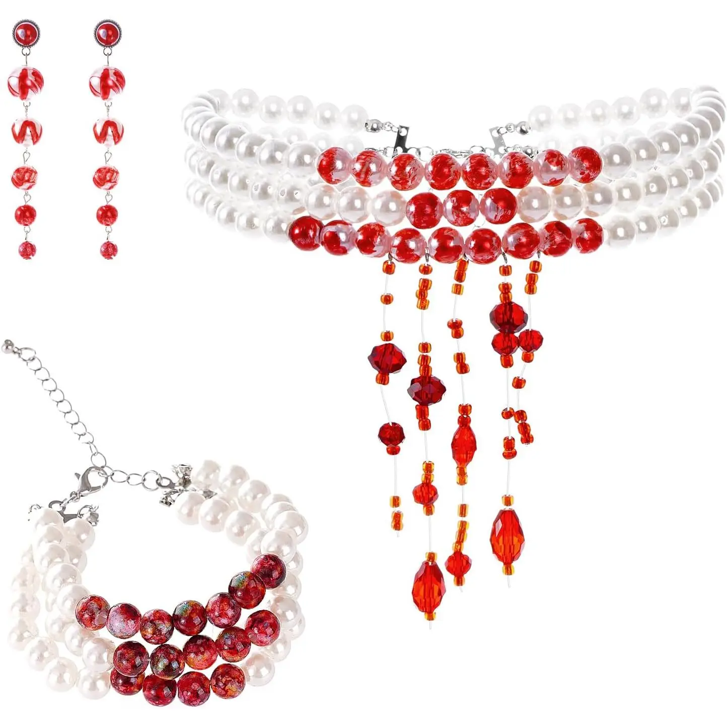 Gothic Jewelry Set for Women, 3-Piece Dripping Blood Imitation Pearl Layered Choker, Bracelet & Drop Earrings for Halloween Vampire Costume, Plastic, Artificial Pearl, Complete Vampire Costume Set