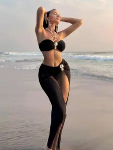 Women's Solid Color Swimsuit Set, Casual Metal Ring Decor Bandeau Swim Bra & Swim Panty & Cover Up Skirt Set, Ladies Summer Swimwear for Beach Holiday Vacation, Bikinis Set