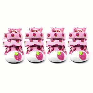 4-Pack Cute Strawberry and Floral Small Dog Shoes - Soft, Breathable Pet Boots with Adjustable Hook and Loop Fasteners, Suitable for All-Season Paw Protection for Teddy Bears, Bichons, etc., Pet Paw Protection | Cute Dog Accessories | Polyester Dog Boots,