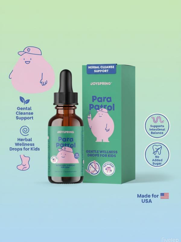 JoySpring ParaPatrol Kids’ Herbal Blend – Alcohol-Free Liquid Supplement with Black Walnut and Wormwood Extract | Supports Digestive Health | Natural Raspberry Flavor – 30 Servings