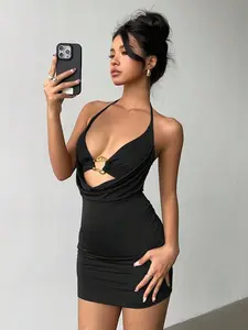 Aloruh Sexy Solid Color Halter Knitted Mini Dress For Women,Party Dresses For Women