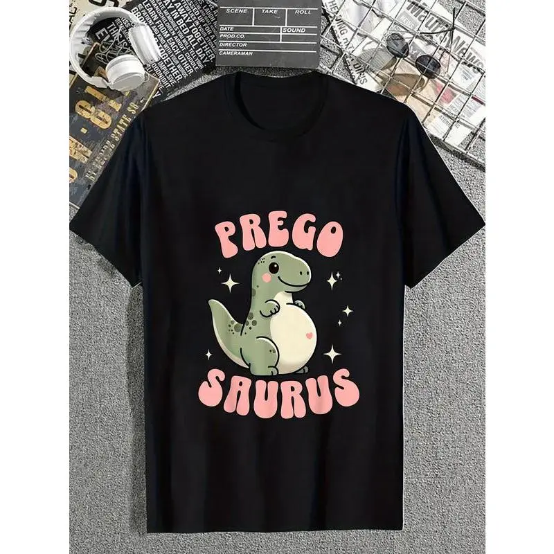Women's Pregosaurus Graphic T-Shirt, Funny Pregnancy Announcement Top, Cute Retro Cotton Short Sleeve Casual Streetwear for Everyday Wear, Shortsleeve, Tshirt, Vintage, Queer, Whimsical Look, Bizarre, Graphic Print, Pregnancy Theme