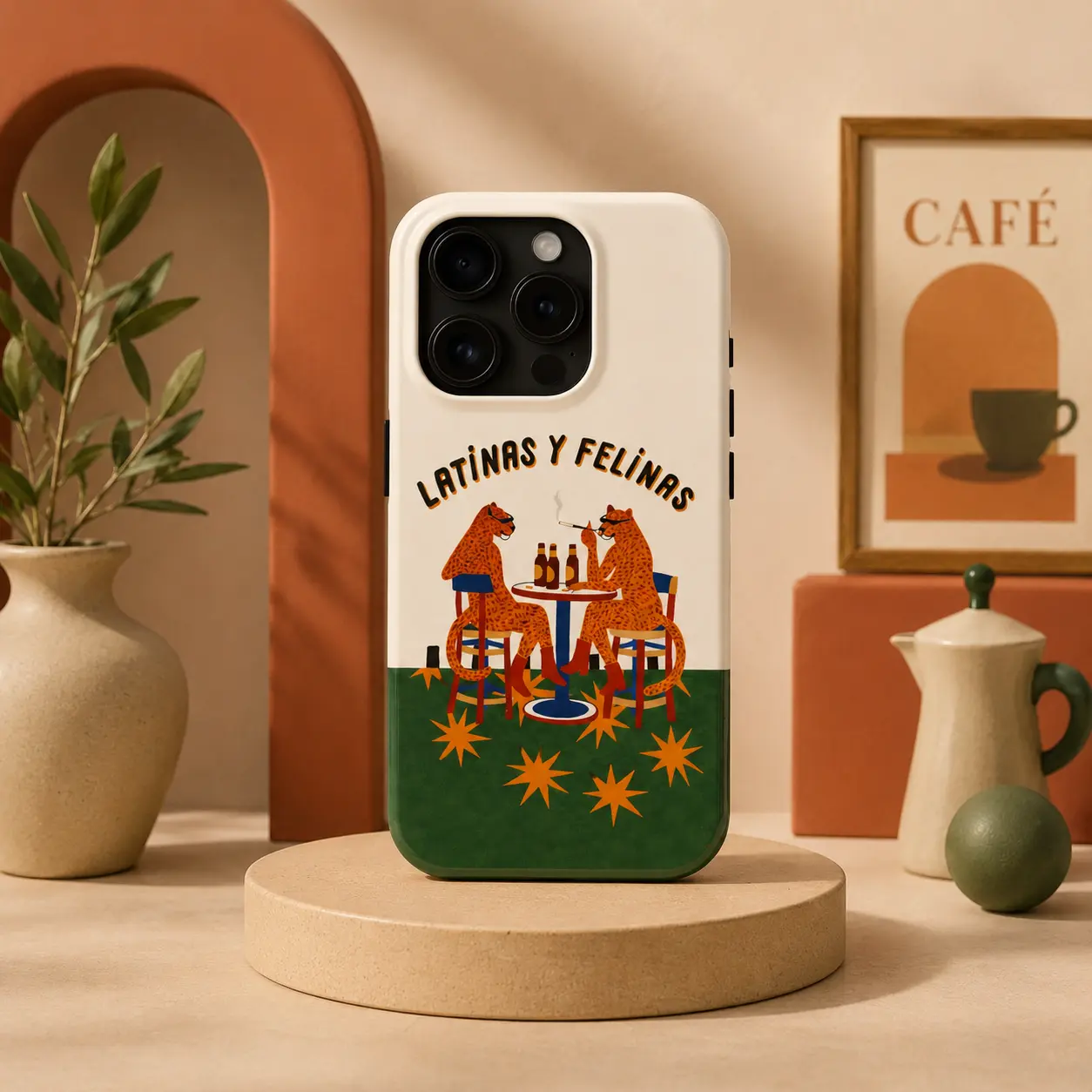 Latinas Y Felinas Leopard Phone Case – Retro Latin-Inspired Cat Art Case, Cute Aesthetic Protective Cover for iPhone