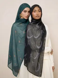 Women's Elegant Printed Hijab Scarf, Breathable Long Beach Shawl, Muslim Fashion Daily Wear, Classic Crescent Star Print Balloon Silk