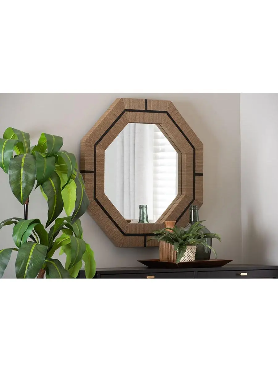 212 MAIN Octagon Wall Accent Decorative Mirror - Natural & Black Bohemian Woven Grass Cloth, Wooden Wicker Frame & Glass Rustic Fixture, Coastal Bathroom Decor with Wall Mount to Elevate Any Interior Setting, Coastal Charisma