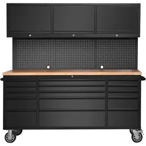 72-inch Rolling Tool Chest Cabinet Garage Workbench with 15 Storage Drawers and Wheels, 3 Upper Cabinet, Pegboard, Steel Large Tool Box for Garage Workshop, Matte Black
