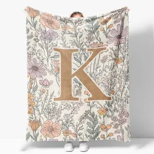 Throw Blanket Initial Letter K Personalized Monogrammed Gifts For Women Teen Girls 50x60 Inch Flannel Boho Floral For Bed Sofa Living Room Office Cozy Velvety Comfort