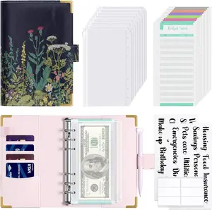 Budget Binder with Zipper Envelopes, A6  Saving Binder  Envelopes for Budgeting, PU Leather Planner  Organizer for  Bills, Cute Floral System Wallet for Women, Black Flower