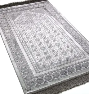 Luxury Velvet Islamic Prayer Rug Floral Stamp Silver Grey