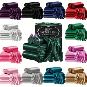 4Pcs 2100 Thread Count Satin Fitted Sheet Queen Size Ultra Soft Breathable THotel Quality Neck Support Pillows All-Season Marshmallow Comforter Set Solid Color Bedding Egyptian Cotton King Deep Pocket Bed Luxurious Silk