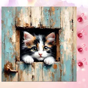 5D DIY Full Drill Round Diamond Painting - Diamond Art Kit, Door Gap Kitten Mosaic, Canvas - DIY Wall Decoration, Home Wall Decor, Suitable for Halloween and Christmas, Birthday and Anniversary Gifts
