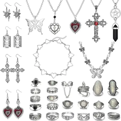 FUNRUN 37Pcs Grunge Y2K Jewelry Set-Gothic Necklaces, Punk Rings & Fairy Earrings|Vintage Boho Goth Accessories for Women Men|Emo Alt Jewelry Bundle