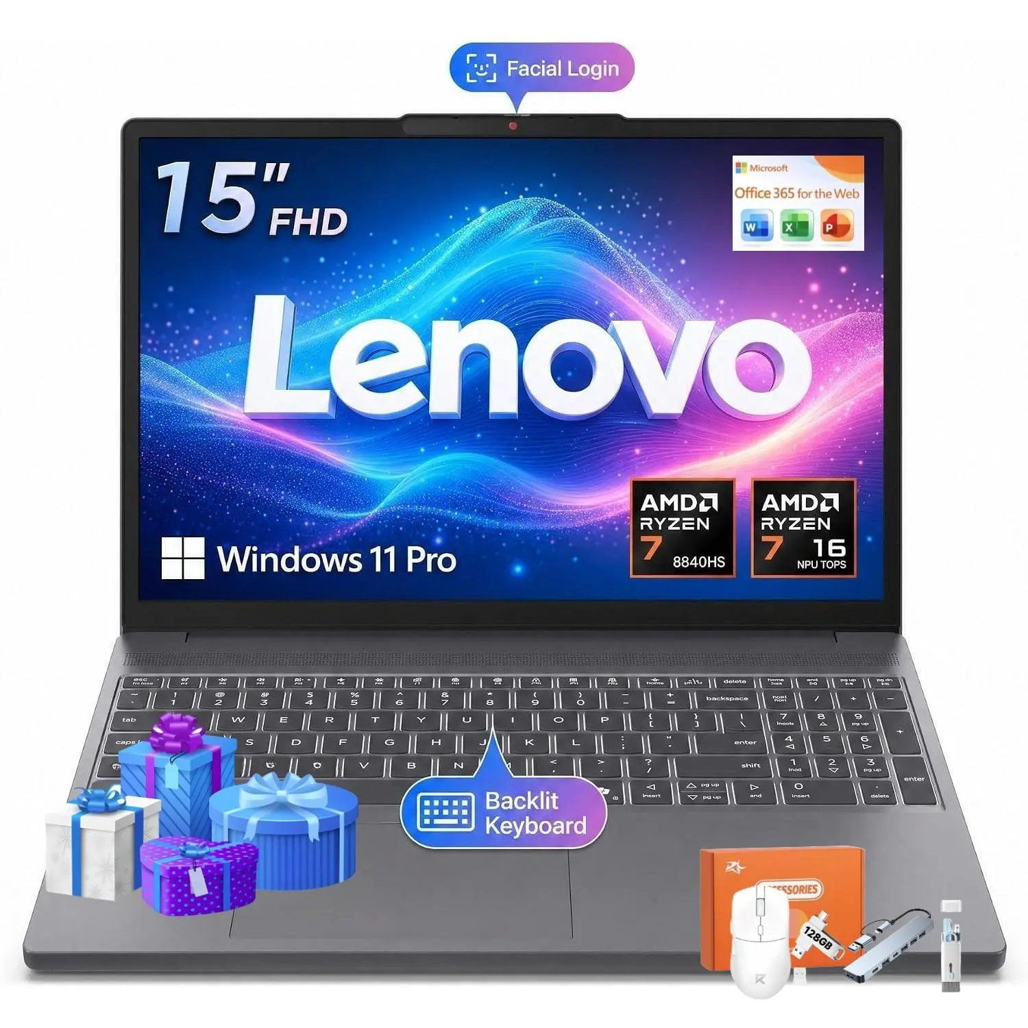 2026 Lenovo Gray 15.3" Touchscreen Laptop | Ryzen 7 8840HS, Radeon 780M Graphics, Up to 32GB RAM 1TB SSD, FHD 1080P IR Camera, Backlit Keyboard, Windows 11 Pro, Bundle Accessories Included