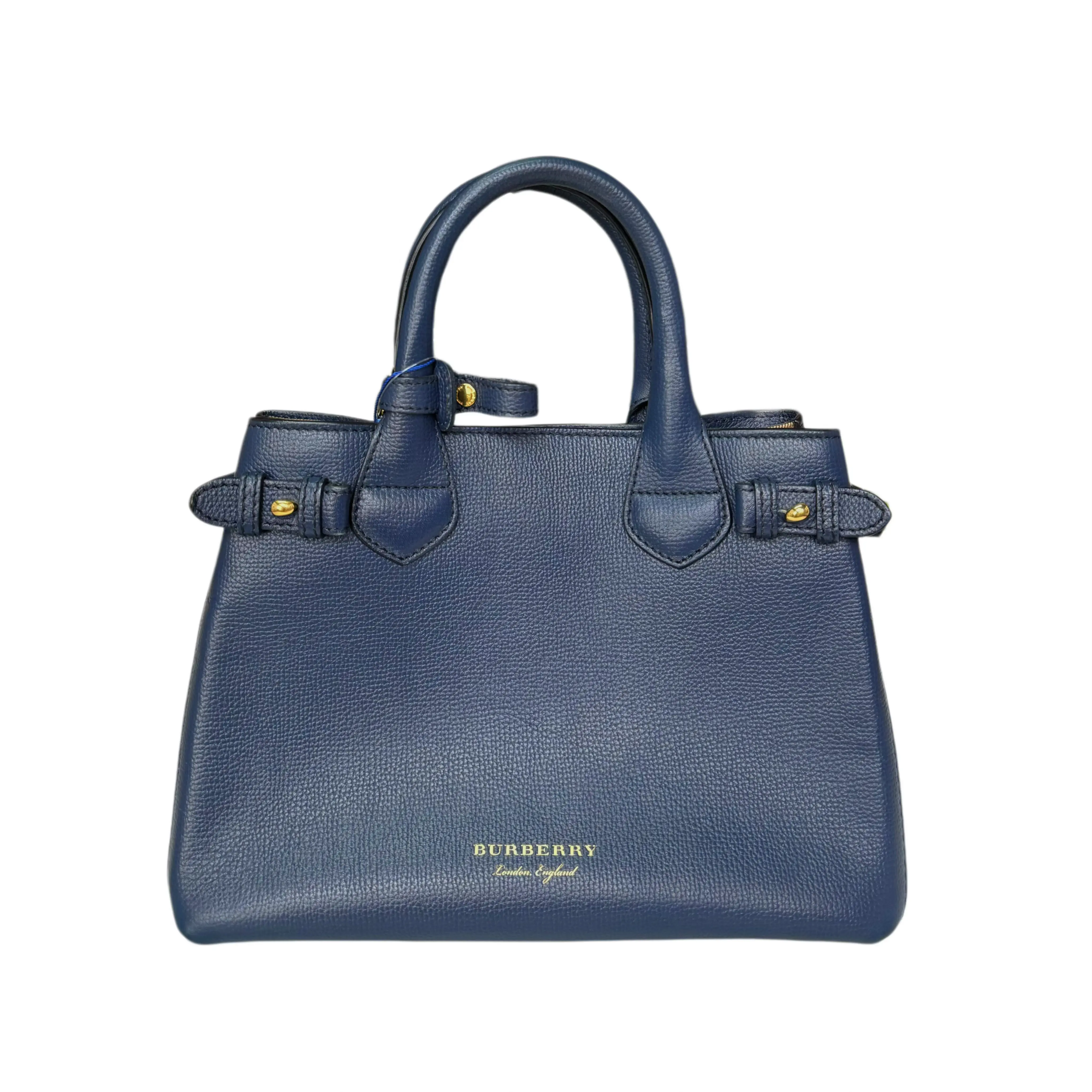 Pre-owned BURBERRY . Tote Bags Small Banner Tote Bag Navy Blue Pebbled Grain Leather Gold Letter Logo Double Top Handle Detachable Crossbody Strap