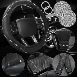 Xinmo 10-Piece Shiny Car Accessories Set for Women, Rhinestone Leather Accessories, Steering Wheel Cover, Armrest, Gear Shift Lever, Seat Belt, Handbrake Cover, Cup Mat, Start Button Ring (Black)