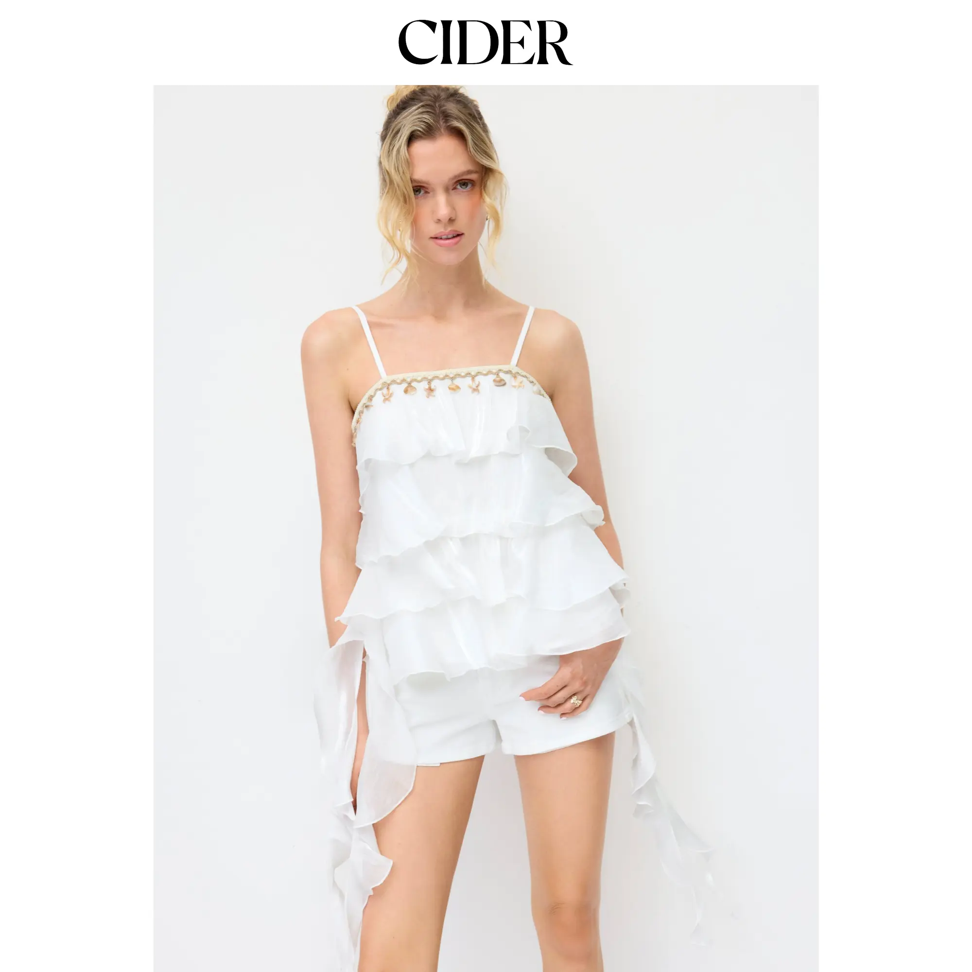 Cider Women's Minimalist Straight Cami Top, Basic Sleeveless Woven Polyester Blouse with Tiered Ruffles and Seashell Trim, Clothes, Regular Fit