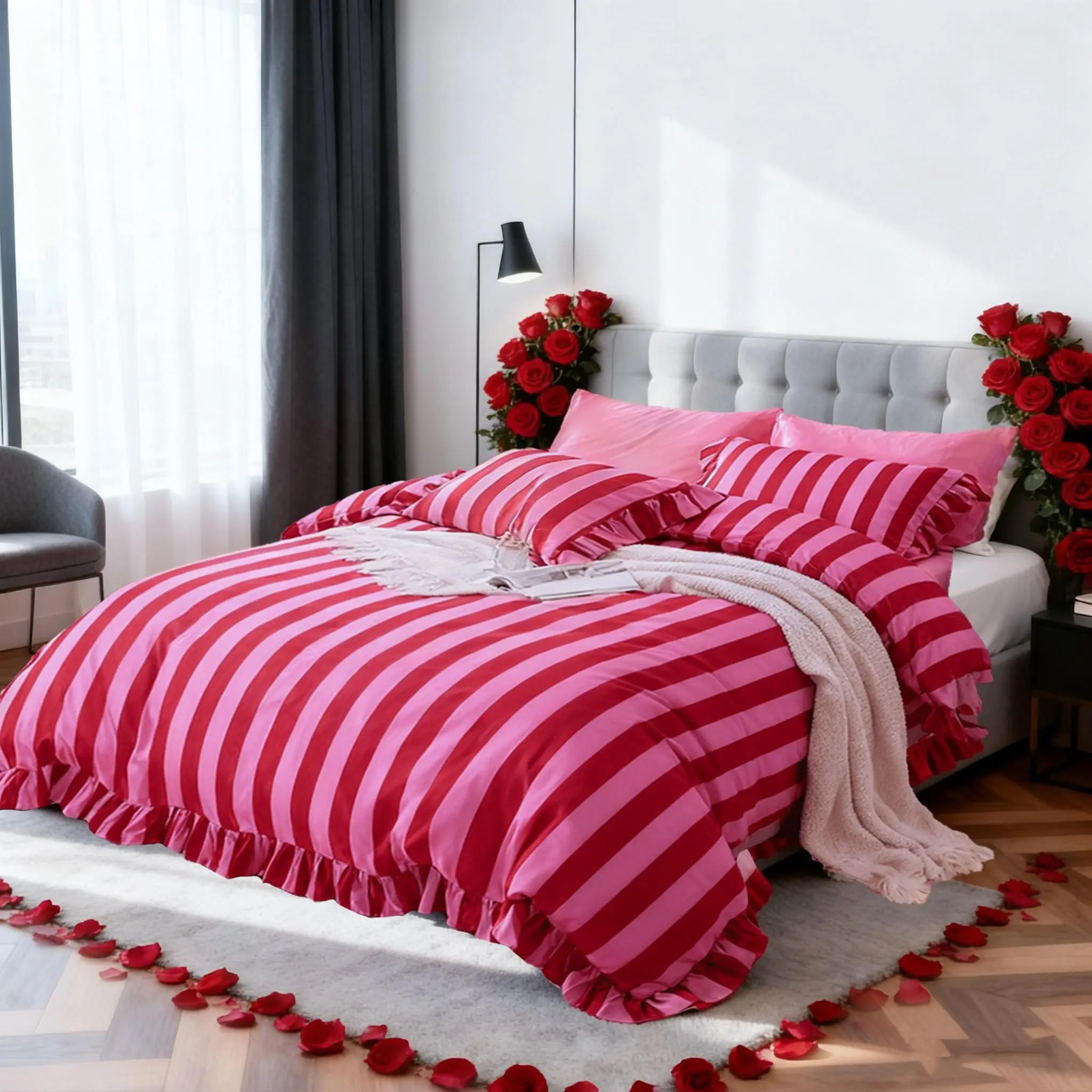 Striped Print Ruffled Sheet Set and Pillowcases, 3 Piece Set, Includes 1 Duvet Cover and 2 Pillows, Striped Bedding Set Christmas Gift, Modern Bedding Set, Bedroom Bedding Set, Printed Bedding Set, Comfy Bedding Set, Bed Sets Supplies