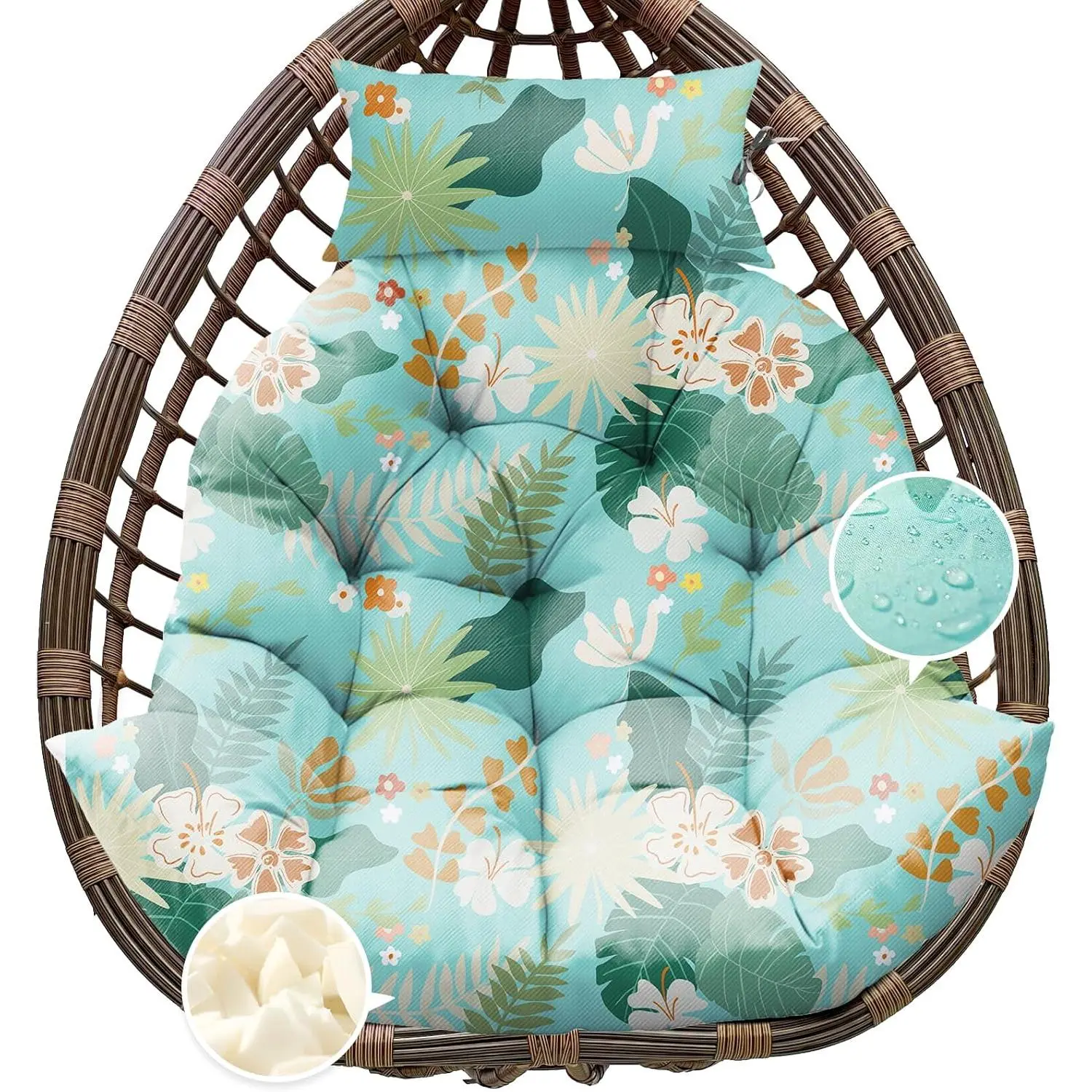 Outdoor  Egg Chair Cushion Replacement,   Egg Swing Cushions with Headrest Pillow and Ties, U-Shaped Thickened Cushion for  Eggs Chair (Cyan Floral Leaf)
