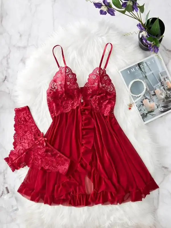 Ladies' Sexy Ruffle Trim Cami Nightdress & Bow Decor Panty Set, Naughty Lingerie, Playful Lace See Through Sleepwear Set
