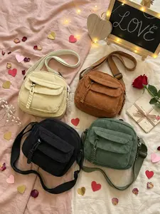 Cute Mini Corduroy Crossbody Bag for Women Aesthetic Small Shoulder Purse Handbag with Zipper Pocket Kawaii Messenger Bag Casual Flap Pocket
