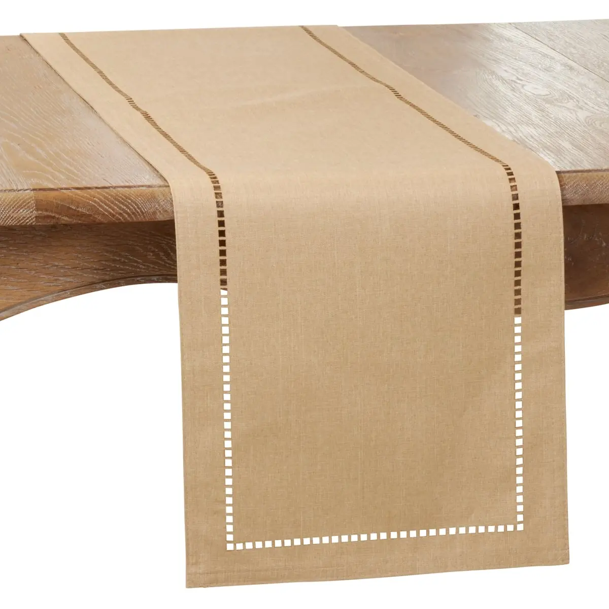SARO 14 x 54 in. Oblong Natural Laser-Cut Hemstitch Table Runner