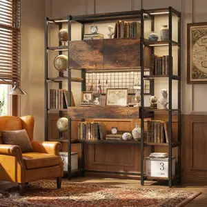 All-in-One Workstation 6 Layers Bookshelves, Built-in Outlets & USB Ports – Perfect for Home Office, Living Room, or Study