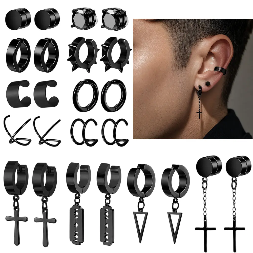 12 Pairs Black Magnetic Clip On Earrings Set for Men Women,No Piercing Stainless Steel Goth Cross Dangle Ear Cuffs,Ideal for Eboy Punk Streetwear,Halloween Christmas Party Gifts,DIY Hand Tools Kits