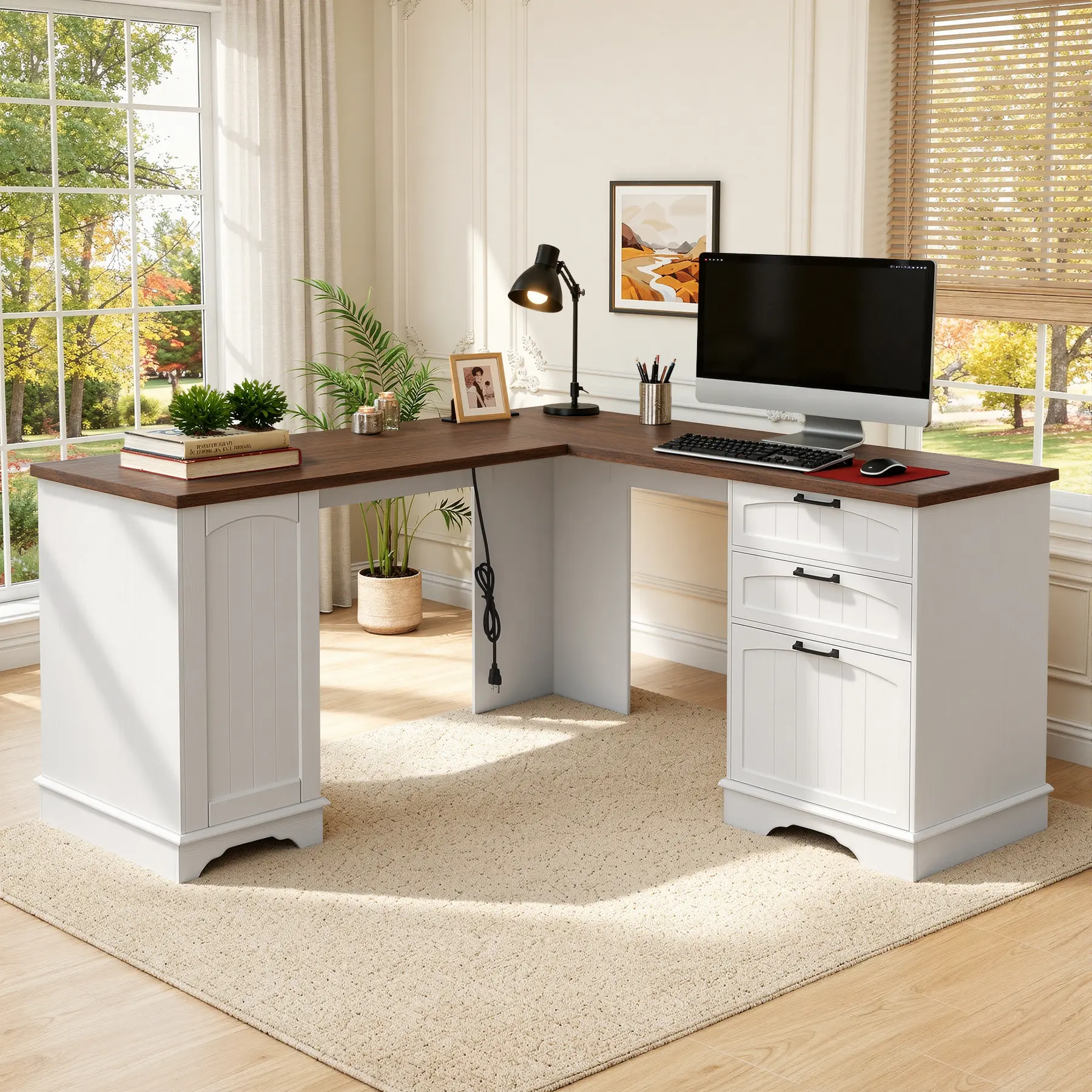 59" Farmhouse L Shaped Desk, Large Office Computer Desk with Power Outlets,Storage Cabinet & Double Pedestal, Home Office Desk for Work, Study, Writing