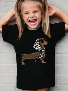 Girls' Cool Dachshund T-Shirt, Stylish Sausage Dog Print, Comfortable Tee, Cute and Unique Design, Soft Fabric, Casual Top, Cute Graphic Tee
