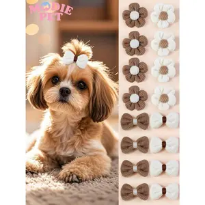 8pcs Cute Brown Plush Flower & Bow Decor Pet Hair Clips, Accessory Set For Kittens And Puppies